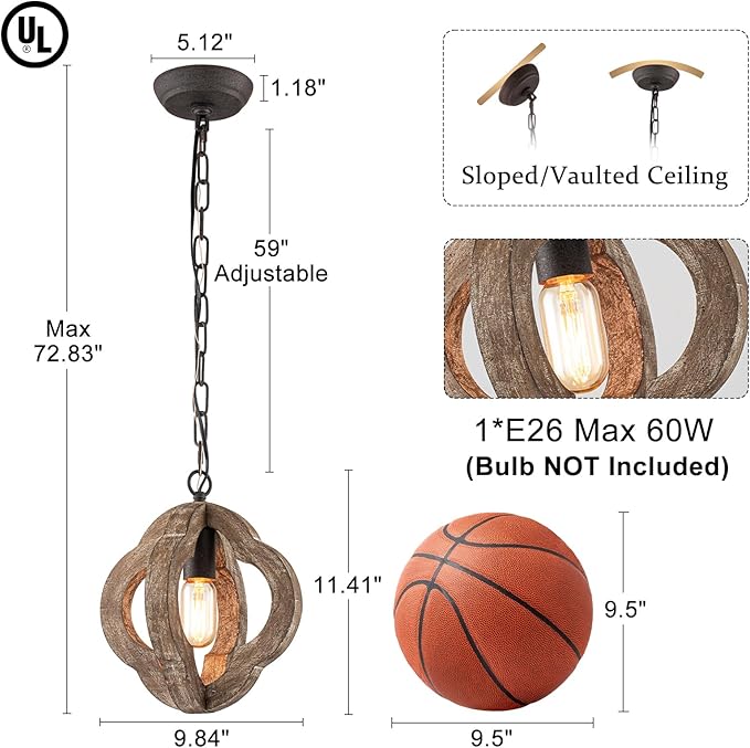 9.84" Modern Farmhouse Wood Pendant Lights Kitchen Island 1-Light Orb Distressed Oak Pendant Light Rustic Ceiling Hanging Light for Kitchen Sink Dining Room Hallway Entryway Foyer Adjustable Chain E26