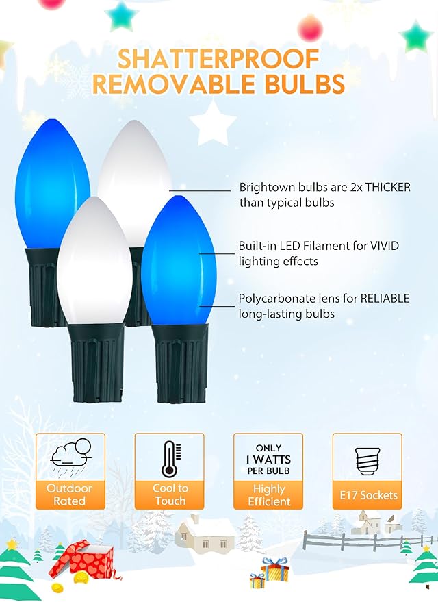 Vintage C9 LED Christmas Lights Outdoor, 100 Feet C9 String Lights with 50 Shatterproof C9 Bulbs, Waterproof Connectable Christmas Tree Lights for Outside Roofline Patio Xmas Decor, Blue & Pure White