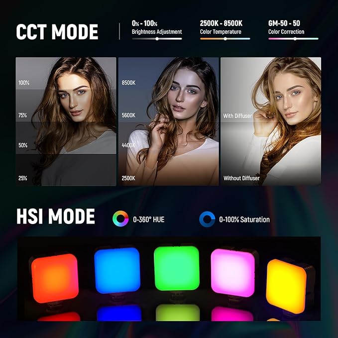 NEEWER RGB62 Magnetic RGB Video Light with APP Control, 2 Pack 360° Full Color LED Camera Light with 3 Cold Shoes CRI97+ 2500K-8500K 17 Scenes 2000mAh Rechargeable Portable Photography Selfie Lighting