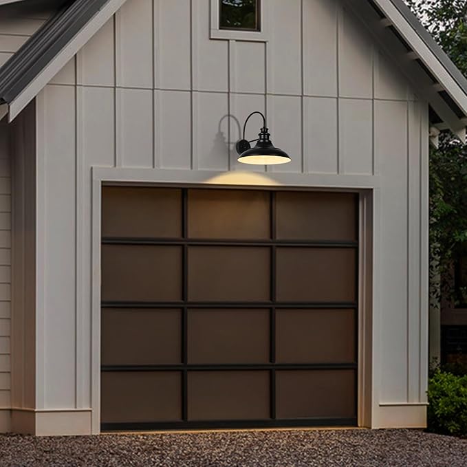 Dusk to Dawn Sensor Outdoor Barn Light Fixture, 12.3 Inch Dome Farmhouse Outdoor Wall Sconce, Gooseneck Exterior Wall Mount Light, Industrial Black White Finish Wall Lantern for Porch, DDRZ004 BK+WH