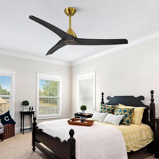 54 Inch Modern Ceiling Fan No Lights,Wood Ceiling Fan without Light,6-Speed,Reversible DC Motor,Timer,Outdoor with Remote for Bedroom Living Room Patios,Black and Gold