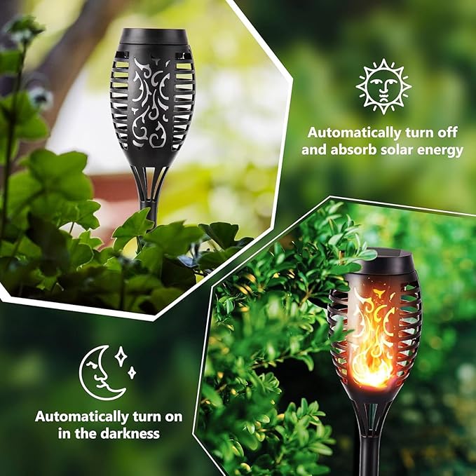 Solar Halloween Lights Outdoor, 2 Pack LED Torch Lights Flickering Flame, Waterproof Tiki Torches for Outside Landscape Decoration Lighting for Lawn, Yard, Halloween Decorations (Warm White-2 Pack)