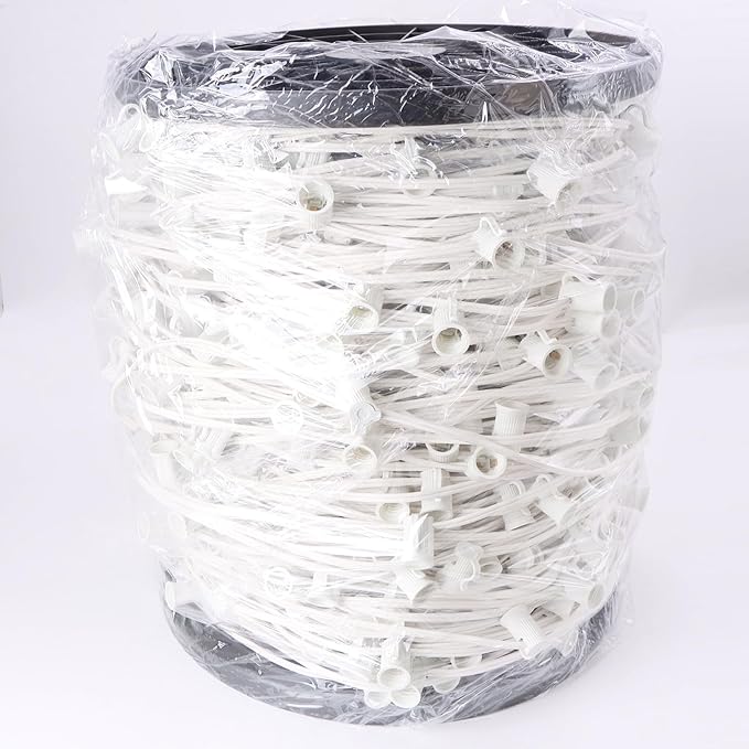 1000FT C7 Light String Christmas Stringer, E12 Christmas Sockets 12" Spacing, C7 Stringer Set Green Outdoor String Light for Wedding Patio Event Lighting Decor, White Wire