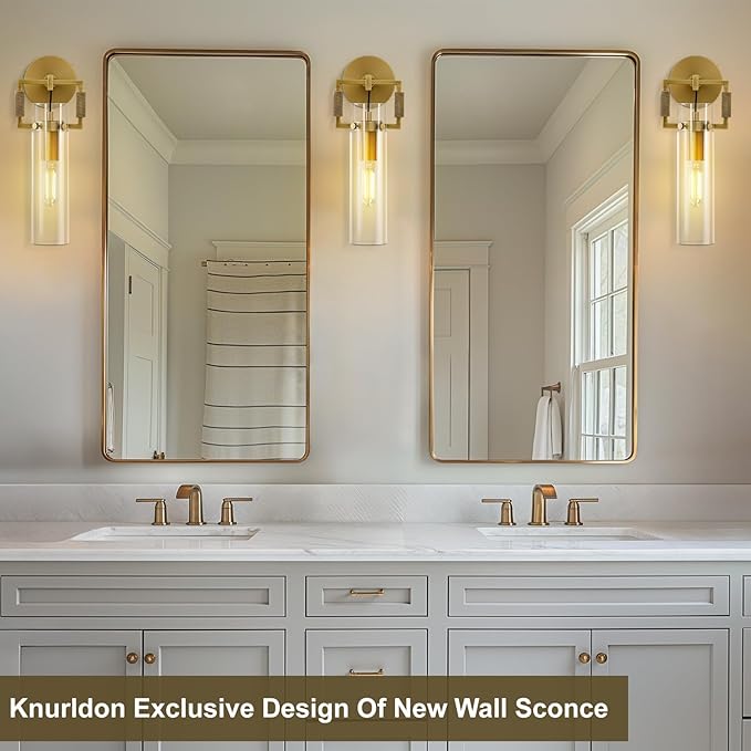 Modern Gold Indoor Wall Sconces Set of 2, 15'' knurled Brass Bathroom Wall Sconces, Glass Bathroom Vanity Light, for Living Room, Bedrooms, Hallway, Staircases, Include Bulb