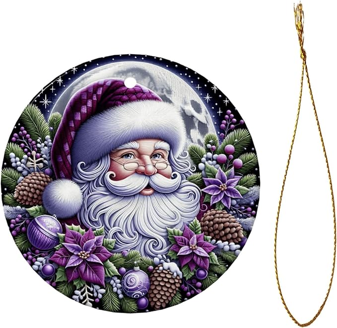 Merry Christmas Santa Claus Purple Christmas Ornaments, Christmas Decorations Xmas Tree Hanging Ornaments, Round Ceramic Festive Keepsake Gift for Xmas Decorations Holiday Home Decor