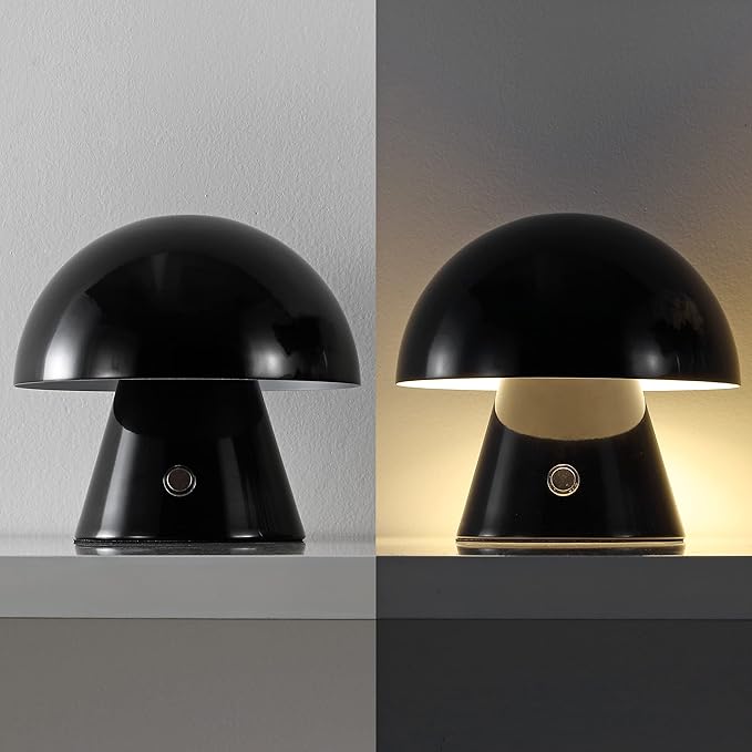 JONATHAN Y 7" Black Rechargeable Cordless Mushroom Table Lamp, Portable LED Nightstand Lamp for Bedroom Living Room, Metal Shade, 3-Way Dimmable Touch Sensor Modern Accent JYL7116A