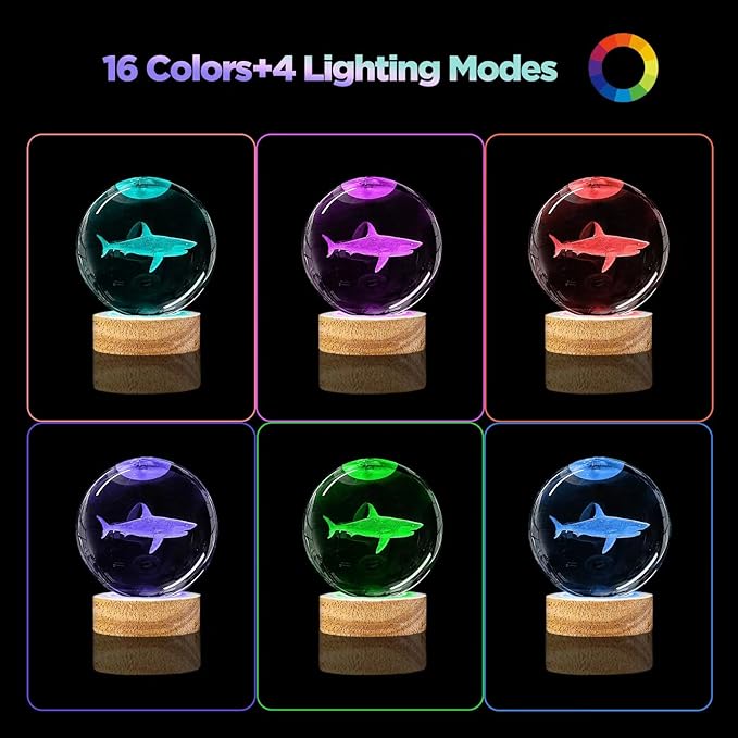 3D Shark Crystal Ball Night Light with Remote Upgraded 3.15 in Shark Glass Ball Table Lamps with 16 Color Led Wooden Base for Birthday Xmas Cool Shark Figurines Room Decor Gifts for Kids Teen
