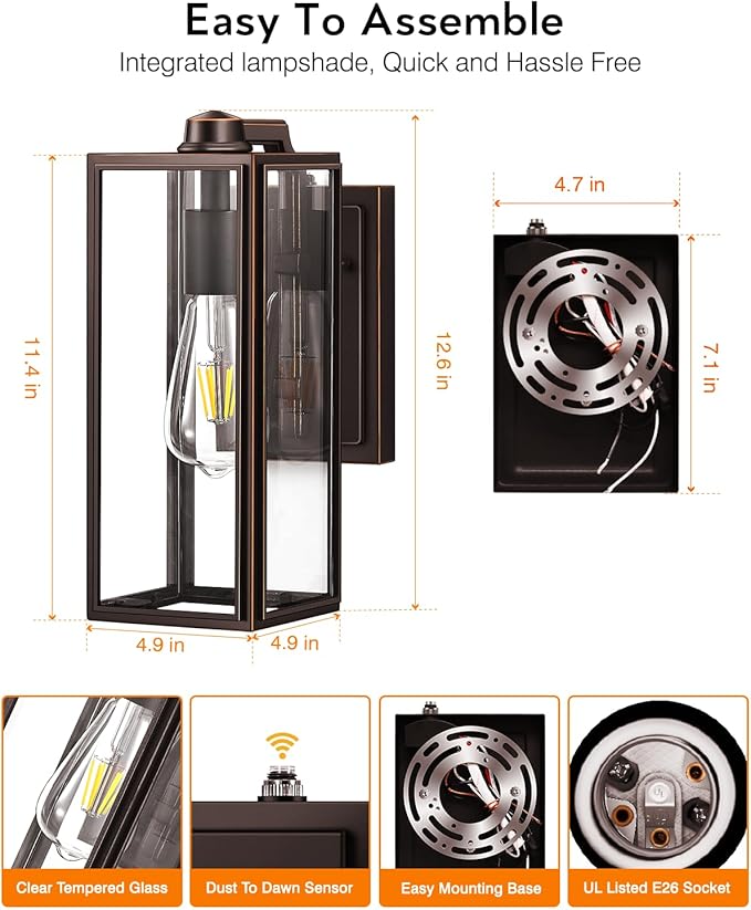 VIANIS Dusk to Dawn Outdoor Lighting, Modern Oil Rubbed Bronze Wall Light Fixtures, 100% Aluminum Porch Lights Outdoor, Anti-Rust Waterproof Outside Sconce Lights for Patio Front Door Entryway, 2-Pack