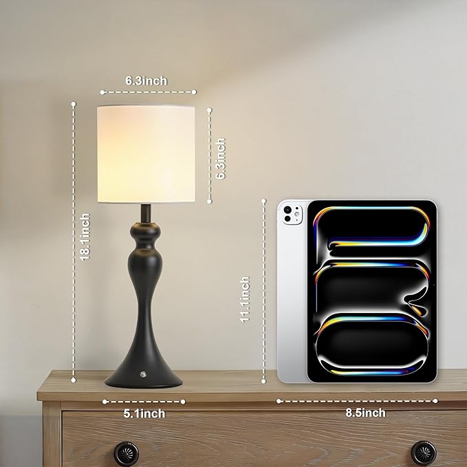 Table Lamp for Bedroom, Cordless Bedside Lamps for Living Room, Touch 3-Way Dimmable Desk Lamp for Night Stands, Rechargeable, Battery Operated Lamp with Fabric Shade for Dorm, Home Office (Black)
