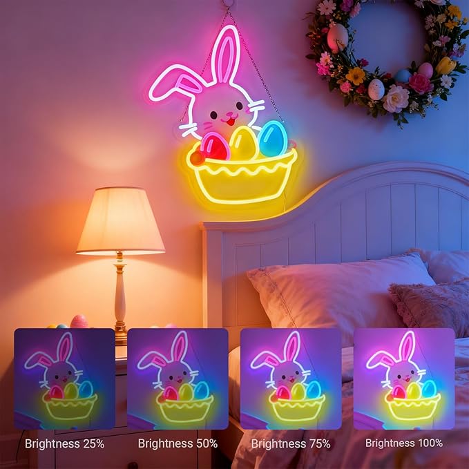 Easter Egg Basket Neon Sign with Bunny - Rabbit Holding Basket Wall Decor, 10-Level Dimmable LED Light, USB Powered Easter Basket Stuffers Gift, 15.7"x12.6"