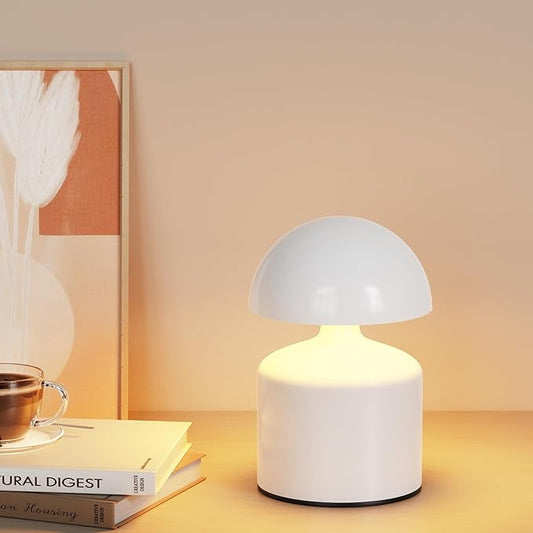 Modern Cordless Mushroom Small Table Lamp Touch LED Lamps, 3-Way Dimmable Bedside Nightstand Lamp Mini Rechargeable Night Light for Bedroom, Living Room (White)