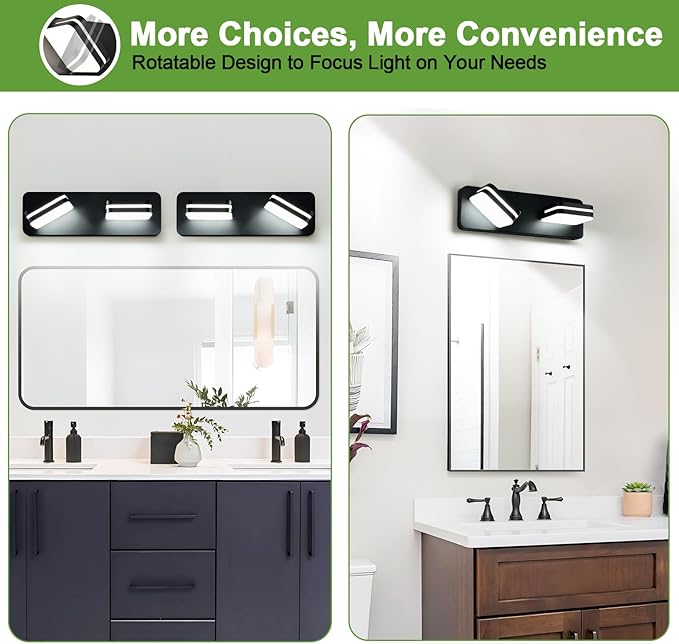 1000LM LED Modern Bathroom Vanity Light Fixtures, 360° Rotate Acrylic Matte Black Vanity Lights for Bathroom, Modern Wall Lighting Fixtures Over Mirror Kitchen Living Room (Natural White Light 5000K)