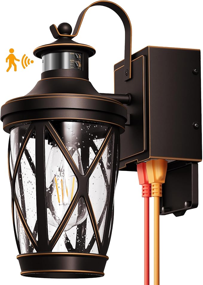 Motion Sensor Porch Light with GFCI Outlet, Oil Rubbed Bronze Outdoor Light with Outlet, Exterior Wall Lights Wall Mount, Anti-Rust Front Porch Light Fixtures, Waterproof Garage Lantern Lights