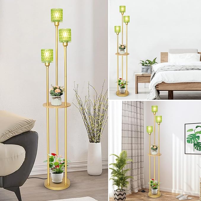 HMVPL Vintage Floor Lamp with Shelves, Gold Floor Lamp with Table, Mid Century Standing Lamp with Green Glass Shade, On/Off Switch, Boho Corner Lamp for Living Room, Brass Tall Lamp for Bedroom Office