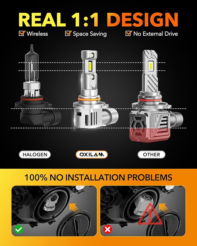 OXILAM HB3 9005 LED Bulbs, 1000% Ultra-Bright, 1:1 Halogen Size 9005 Fog Lights, 3 Min Quick Install, 20 Years Lifespan, No Flicker, 99% Compatibility, Pack of 2