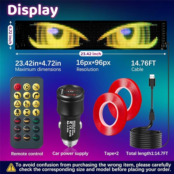 Eye Lights for Car Windshield 1PCS - 23.42x4.72In Programmable Flexible Led Screen with App/Remote Control, USB Powered, IP65 Waterproof, Led Windshield Eyes Suitable for Cars/Trucks/SUVs