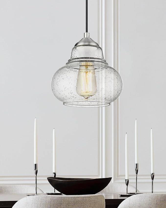 ELYONA 8 Inch Bubble Glass Pendant Light Industrial Kitchen Island Globe Hanging Pendant Light Fxiture Modern Hand Blown Seeded Glass for Farmhouse Dining Room Bar Bedroom Living Room Brushed Nickel