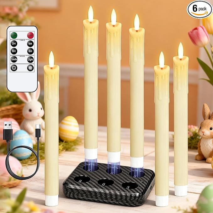 Rechargeable Flameless Taper Candles with Charging Station & Remote Timer, 6 Pcs Real Wax LED Taper Candles, Battery Operated Candlesticks for Home Wedding Christmas Decorations (Ivory)