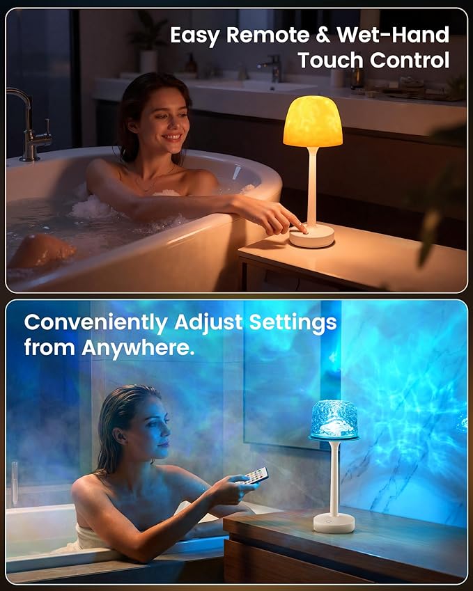 Waterproof Shower Lamp with Ocean Wave Projector for Bathroom, Cordless Rechargeable Bath Light with 16 Color Changing,Table Lamp with Soft 360˚Glow for Bathtub, Night Shower & Relaxing Dating