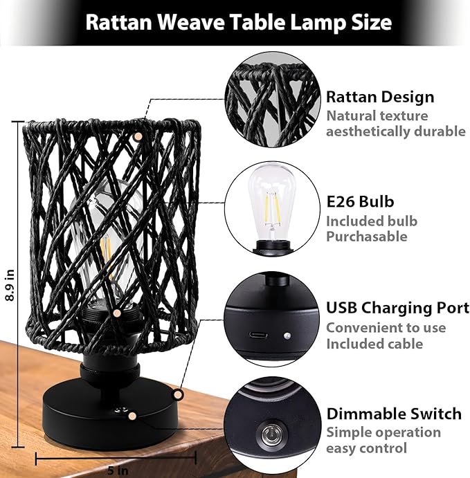 Cordless Outdoor Table Lamps, Small Rattan Boho, Rechargeable Battery Operated for Outdoor Patio, Home, Living Room, Bedroom, Bedside - Set of 2 (Black-A)