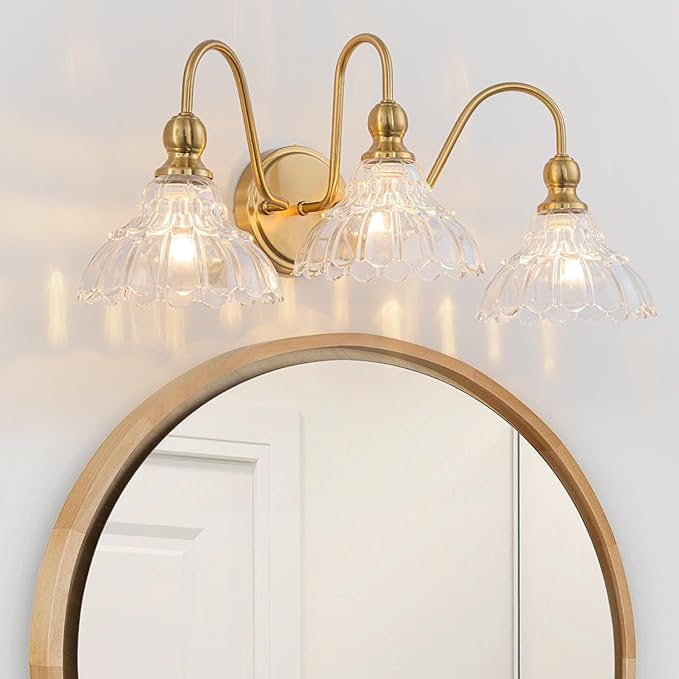 Vintage Bathroom Light Fixtures Over Mirror, 3-Light Brass Wall Sconce Lighting with Flower Glass Shade, Farmhouse Vanity Lights for Bedroom Kitchen Living Room Hallway Light