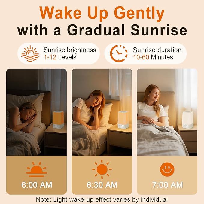 White Noise Sound Machine: Sunrise Alarm Clock for Gentle Wake Up - 30 Soothing Sounds, Adjustable Volume & Night Light, Timer - Easy to Sleep, Relax, Focus