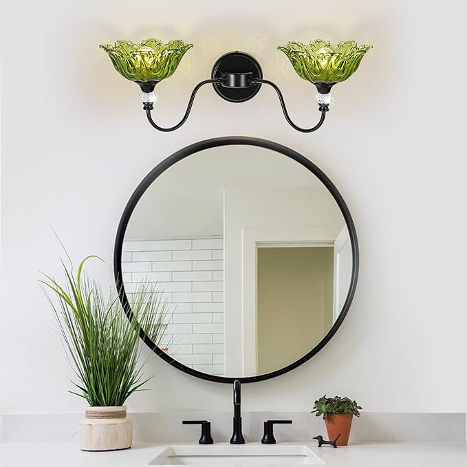 Black Bathroom Vanity Light, 2-Light Vanity Light with Floral Green Glass Shades,Vintage Farmhouse Wall Mount Lighting for Bathroom, Dressing Table