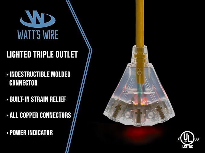 10 ft Outdoor Extension Cord Waterproof - 12 Gauge Heavy Duty Extension Cord Splitter Outdoor 10 ft - Lighted Outdoor Extension Cords with Multiple Outlets - Watts Wire - 10' Grounded