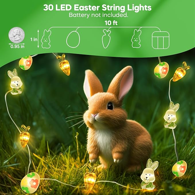 Coquimbo Easter Spring Decorations String Lights, 10FT 30 LED Spring Decor Fairy Lights Battery Operated Easter Egg Bunny Ornaments for Home Bedroom Party Spring Themed Easter Basket Stuffers for Kids