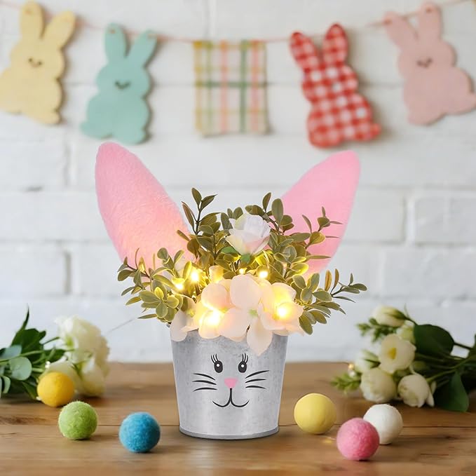 Prsildan Easter Table Decorations Artificial Flower with Bunny Ear, Lighted Desk Decor Bunny Flowers, Easter Tabletop Decorations for Home Table Mantle Office Spring Party