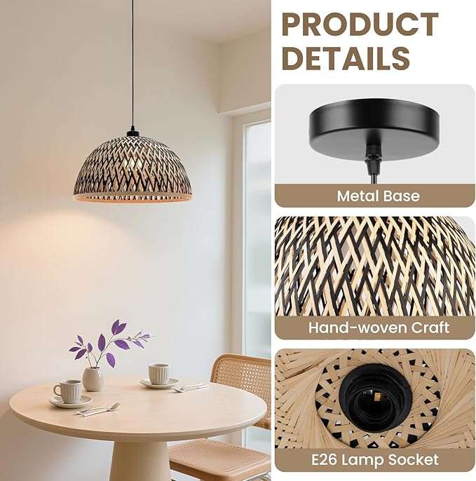 Bamboo Pendant Light Fixture, 16 inch One-Light Adjustable Boho Handmade Woven Pendant Lighting for Kitchen Island Dining Room Living Room (Large)