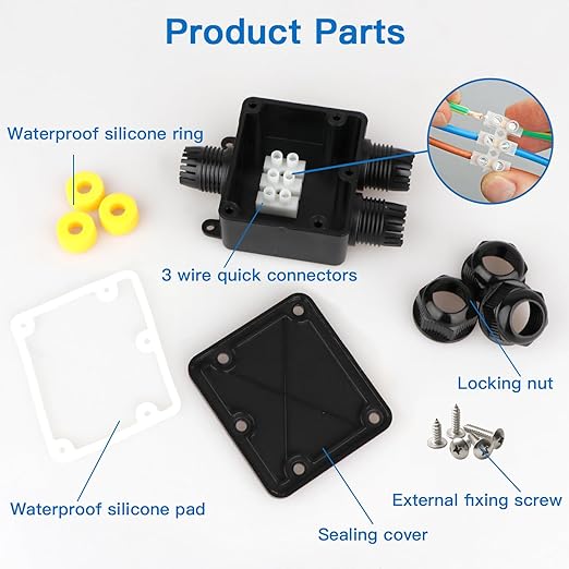 Helunsi Waterproof Junction Box 3 Way, IP68 External Waterproof Electrical Junction Box, Black Underground Junction Box Outdoor Cable Connector, for Diameter 5mm -15mm Wire Gland (1 Pack - Small)
