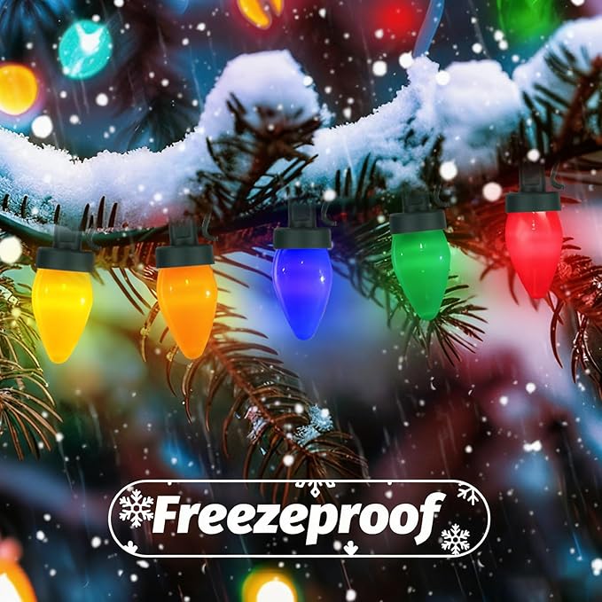 100 LED C7 Multicolor Christmas Lights Battery Operated with 8 Mode Remote Control, 2 Sets 27.5FT Colorful Christmas Tree Lights with 2 * 50pcs Twinkle C7 Light Bulbs for Home Porch Yard Decorations