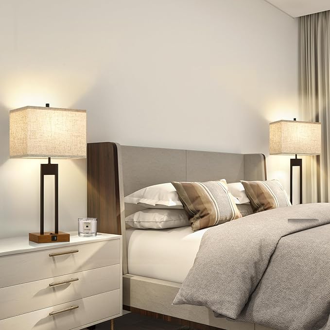 GyroVu 25.5'' Set of 2 Modern Bedroom Table Lamps with USB C+A Ports, 3 Color Changeable, Brown Night Stand Lamps for Bedside, Guest Room, Office, Reading