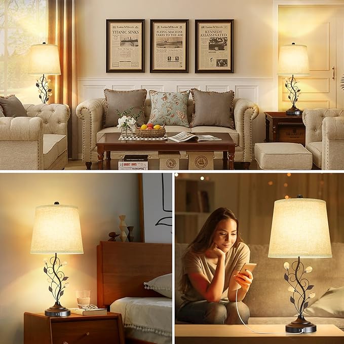 24.5in Farmhouse Table Lamps Set of 2, Rustic Bedroom Lamps with 2 USB Charging Ports, Cream Fabric Shade, Metal & Crystal Finish