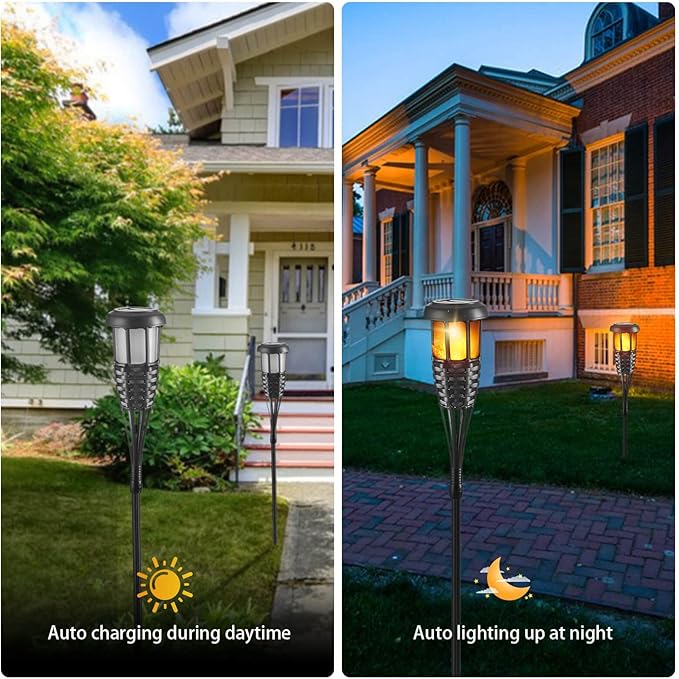 Flickering Flames Torch Solar Lights Handmade Bamboo Outside Flame Lighting Waterproof for Path, Garden, Outdoor Decoration