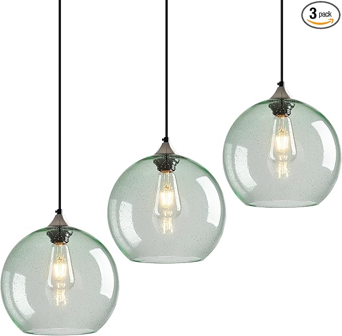 Light Green Glass Pendant Lights Kitchen Island Globe Pendant Light Fixtures Modern Pendant Lighting for Bedroom Living Dining Room Light Fixture (9.84 in, 3 Pack)
