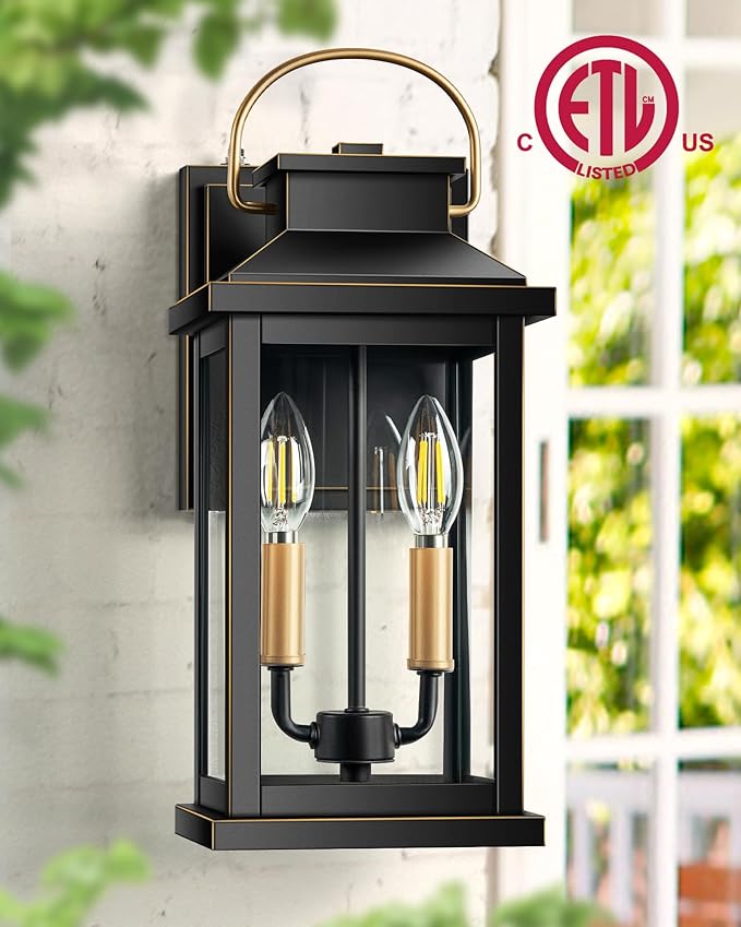 VIANIS Large Porch Lights Outdoor Dusk to Dawn, Black Gold Accents Exterior Lighting Fixtures Wall Mount for House, Modern Outdoor Sconces Wall Lighting for Patio, Waterproof Coach Lights for Garage