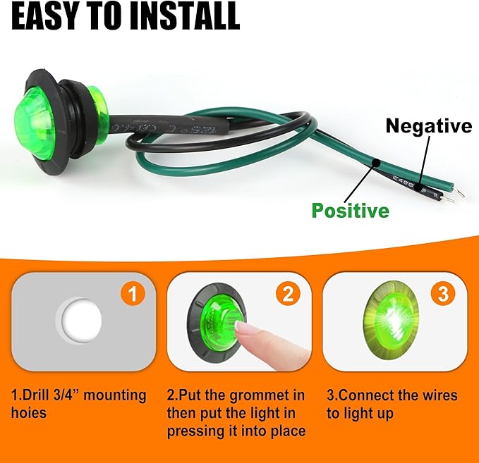 ALFU 10PCS Blue/White/Green/Red 3/4" 12V LED Clearance Marker Lights – Round Bullet Side Indicator Lamps for Truck, Trailer, RV, Van, Boat, Bus, Caravan (Green 10PCS)