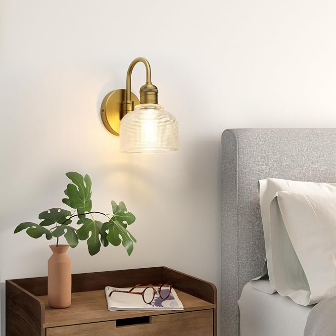 Yosoan Brass Gold Vintage Wall Sconce with Striped Shade, 1-Light Modern Vanity Light Industrial Single Wall Mounted Hardwired Bowl Texture Glass Shade for Living Room Bedroom Kitchen Hallway(Antique)