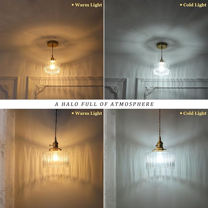 Pendant Light 2 Pack with Clear Striped Glass Lmapshade, Brass Vintage Pendant Light Adjustable Hanging Light for Kitchen Island Dining Room Hallway