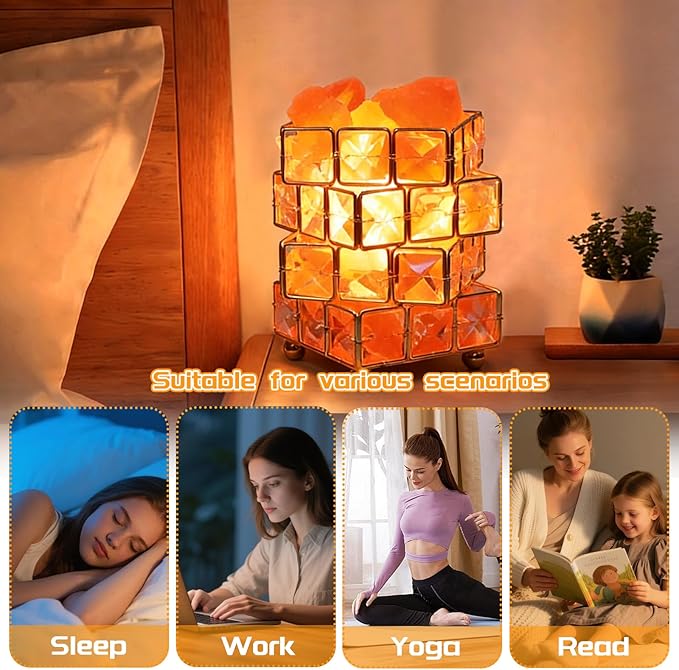 Natural Himalayan Pink Salt Lamp, Dimmable Brightness (Single Lighting Mode), USB Powered, Crystal Salt Rock Lamp for Home Decor, Night Light for Bedroom/Office, ETL Certified Cord (Crystal Cube)