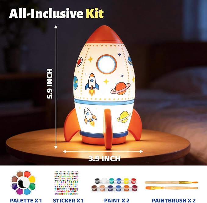 Paint Your Own Rocket Lamp - Art & Crafts Painting Kits for Kids, DIY Night Light, Creative Art Supplies School Activities, Birthday Easter Christmas Holiday Gift for Girls Boys Ages 4 5 6 7 8+