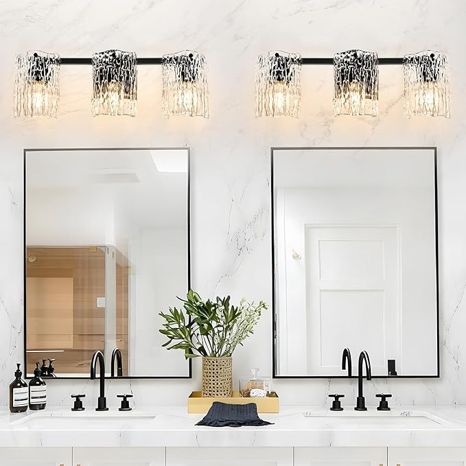 Bathroom Light Fixtures, 3-Light Vanity Lights with Water Ripple Glass Shade, Modern Black Bathroom Lights, Vanity Wall Lamp for Mirror (19.5in)