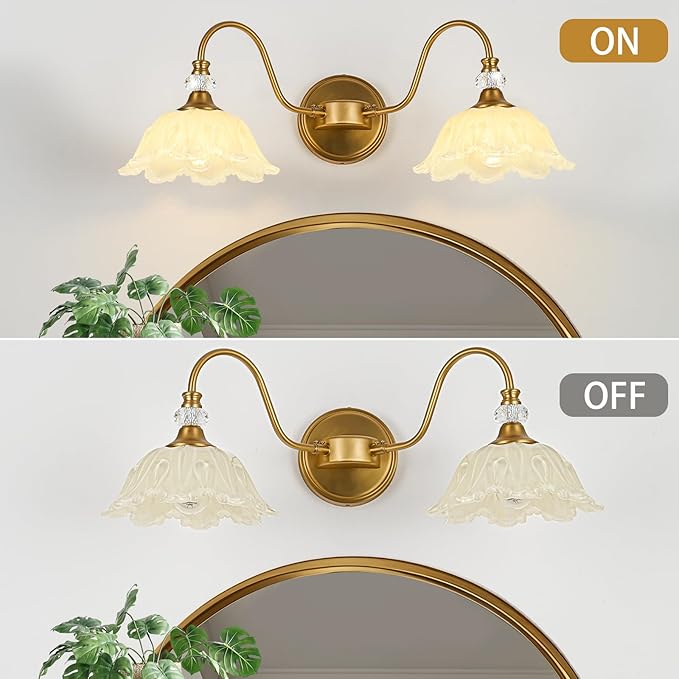 Vintage Bathroom Vanity Light, 2-Light Matte Brass Finish Vanity Light with Floral Yellow Glass Shades, Retro Wall Sconce for Bathroom, Dressing Table
