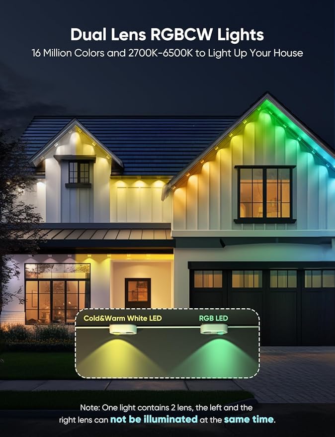 APPECK Permanent Outdoor Lights Pro 150ft, 108W RGBCW Eaves Light with 108 LED Lights, 80lm, Cuttable, 111 Scene Modes, IP67 Waterproof Lighting for Halloween Decoration, Work with Alexa, Black