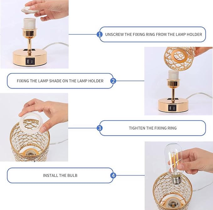 Gold Crystal Table Lamp, Bedside Nightstand Desk Lamp Touch Control Night Light Women Bedroom Decor Bling Lamps with 4 USB Ports & Bulb Included for Home, Office, Living Room