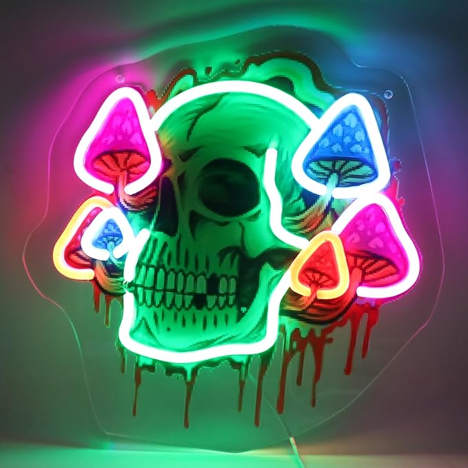 Psychedelic Skull Neon Sign with Printed Backboard, LED Neon Wall Art with Colorful Mushrooms for Man Cave, Bar, Game Room & Studio Decor, USB Powered Birthday Holiday gifts