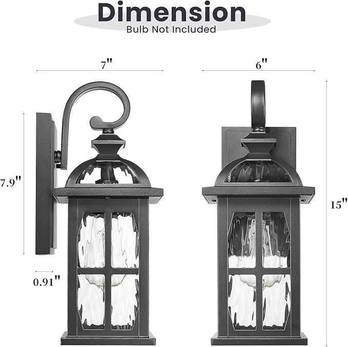 Outdoor Light Fixtures Wall Mount Aluminum Outdoor Wall Lights with Water Ripple Glass Waterproof Black Finish Exterior Wall Sconce Porch Lights for House Garage Doorway 15 Inch Height 2-Pack