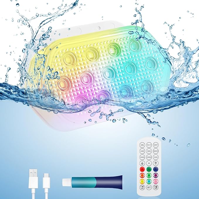 Pool Lights, Updated Rechargeable Submersible LED Lights, IP68 Waterproof Underwater Light with Remote , Magnets,16 Colors Chase Mode Floating Pool Light for Inground Pool, Pond, Hot Tub 1 Pack